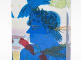 a painting of a woman with blue hair and a bird on her head