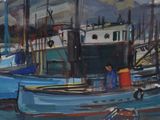 a painting of a man standing on a boat in the water