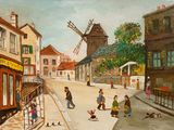 un tableau représentant des personnes marchant dans une rue, avec un moulin à vent en arrière-plan