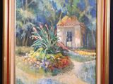 un tableau représentant une maison dans un jardin avec des fleurs et des arbres