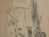 a drawing of a group of people riding horses in front of a building