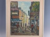 painting of a city street scene with people walking down the street