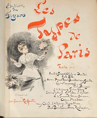 un vieux livre sur lequel figure le dessin d'une femme tenant un bouquet