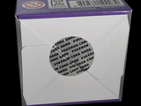 a white box that has a purple label on it