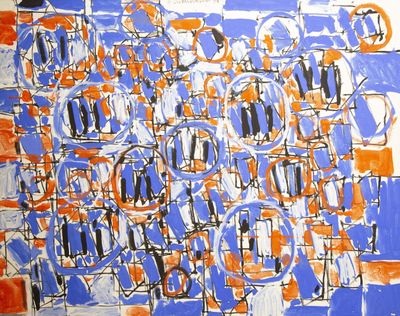 un tableau bleu et orange accroché au mur d'une pièce
