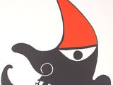 a black and white poster with a red hat on it