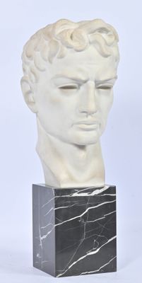 a white marble bust of a man with curly hair on a black marble base