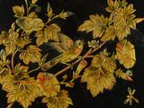 a painting of a bird sitting on a branch of a tree