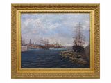a painting of ships in the water near a pier