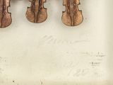 three pieces of antique violin brooches on display in a glass case