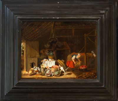 an image of a painting of a man and woman in a barn