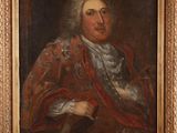 a painting of a man in a red coat and white shirt