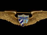 une image représentant un insigne en forme d'aile, de couleur or et bleue, sur fond noir