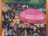 a painting of a pink umbrella in a crowd of people
