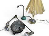 une lampe, un abat-jour et un pied de lampe posés sur une surface blanche
