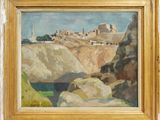 une image représentant une peinture d'un paysage rocheux avec des bâtiments en arrière-plan