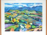 painting of a colorful landscape with hills and trees in the background