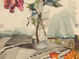 une peinture de fleurs dans un vase sur une table