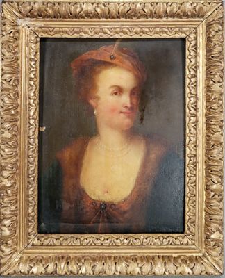 un vieux tableau représentant une femme en robe rouge et chapeau rouge