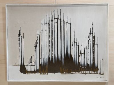 a picture of a painting of a city with tall buildings