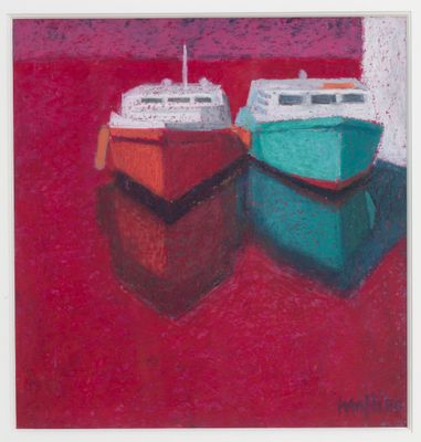 painting of two boats on a red surface with a red background