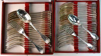 two sets of spoons and forks in a red box