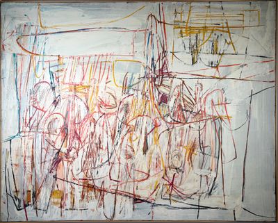 an image of a painting of a group of people standing in front of a building