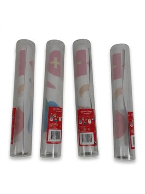three rolls of clear wrapping paper sitting next to each other on a white surface