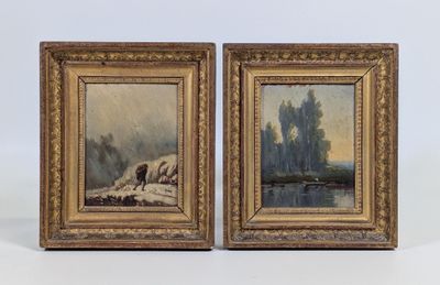 paire de peintures à l'huile du XIXe siècle représentant une scène fluviale