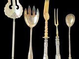 six silver spoons, forks and spoons with numbers on them