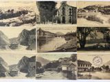 several old postcards of a town and a river in the middle of the day