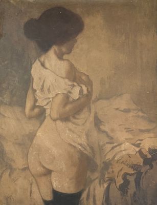 tableau représentant une femme en robe blanche et bas noirs, debout devant un lit