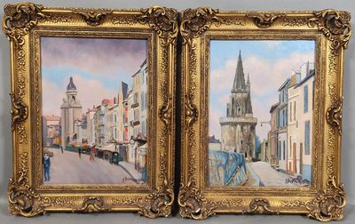 deux tableaux représentant une rue de la ville avec une tour horloge en arrière-plan