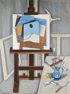 a painting on a easel with a painting on the table next to it