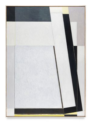 an abstract painting with black, white and grey squares on a white background