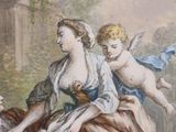a painting of two women and a baby sitting on a bed
