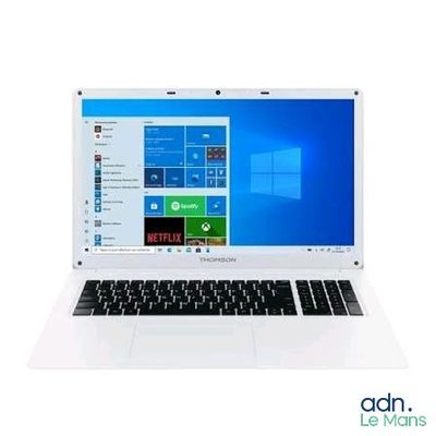 a white laptop with a blue screen and windows on the screen