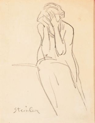 dessin représentant une femme assise sur un banc, la tête entre les mains