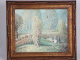 an oil painting of a couple in a garden with a dog