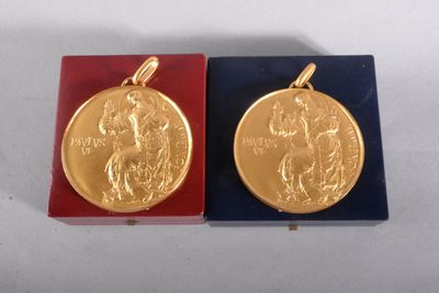 deux médailles d'or dans un coffret rouge et bleu