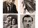 four black and white photos of a man and woman in different poses