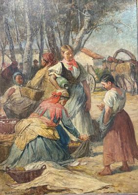 tableau représentant un groupe de personnes rassemblées autour d'une corbeille de fruits