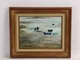 une photo d'un tableau représentant un homme et un bateau sur la plage