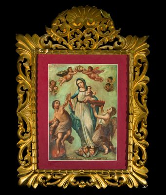 an image of a painting of a woman surrounded by angels in a gold frame