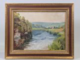 an oil painting of a river with hills in the background