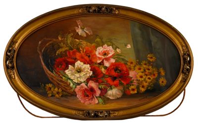 une peinture de fleurs dans un panier sur une table