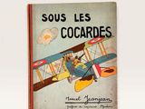an old book with a picture of a dog flying in an airplane
