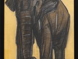tableau représentant un éléphant debout devant un mur jaune