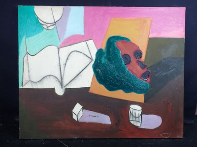 a painting of a man holding a book and a cup