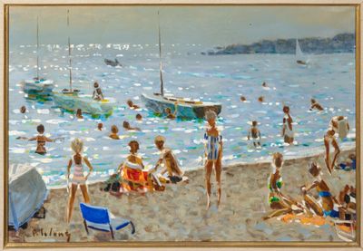 un tableau représentant des personnes sur la plage avec des bateaux dans l'eau